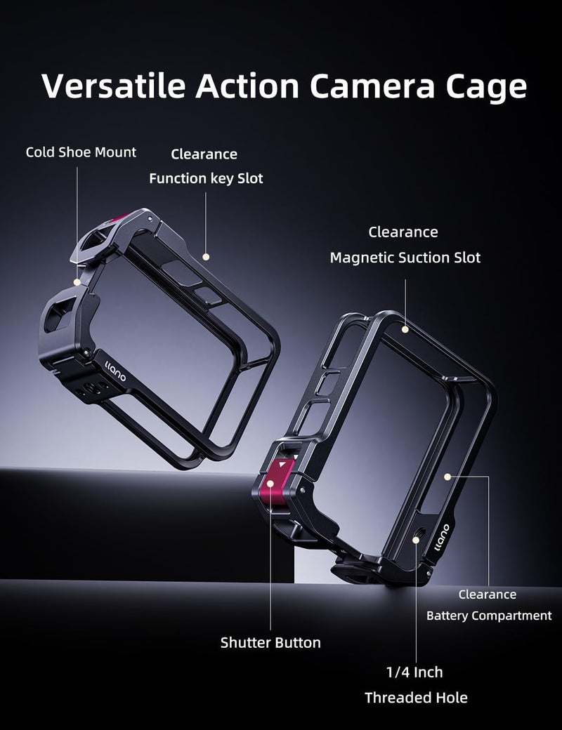 llano Aluminum Camera Cage for DJI Osmo 360 – CNC Precision Fit Protective Frame, 45g Lightweight Metal Case Compatible with DJI Mic, Cold Shoe & 1/4"-20 Mounts, Horizontal & Vertical Shooting Support - Image 3